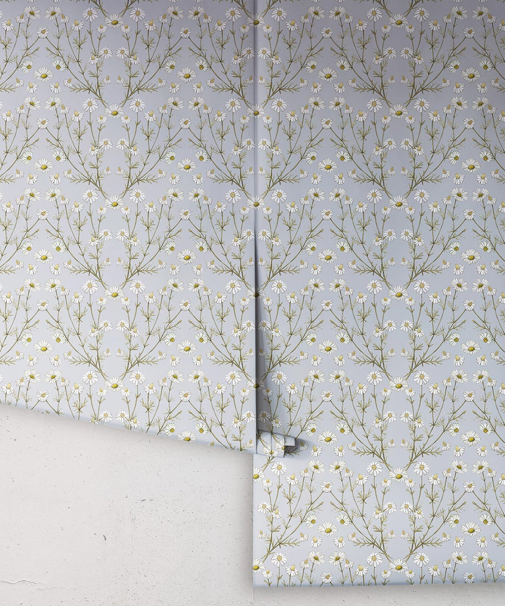 Daisy Damask Wallpaper, Dusty Blue