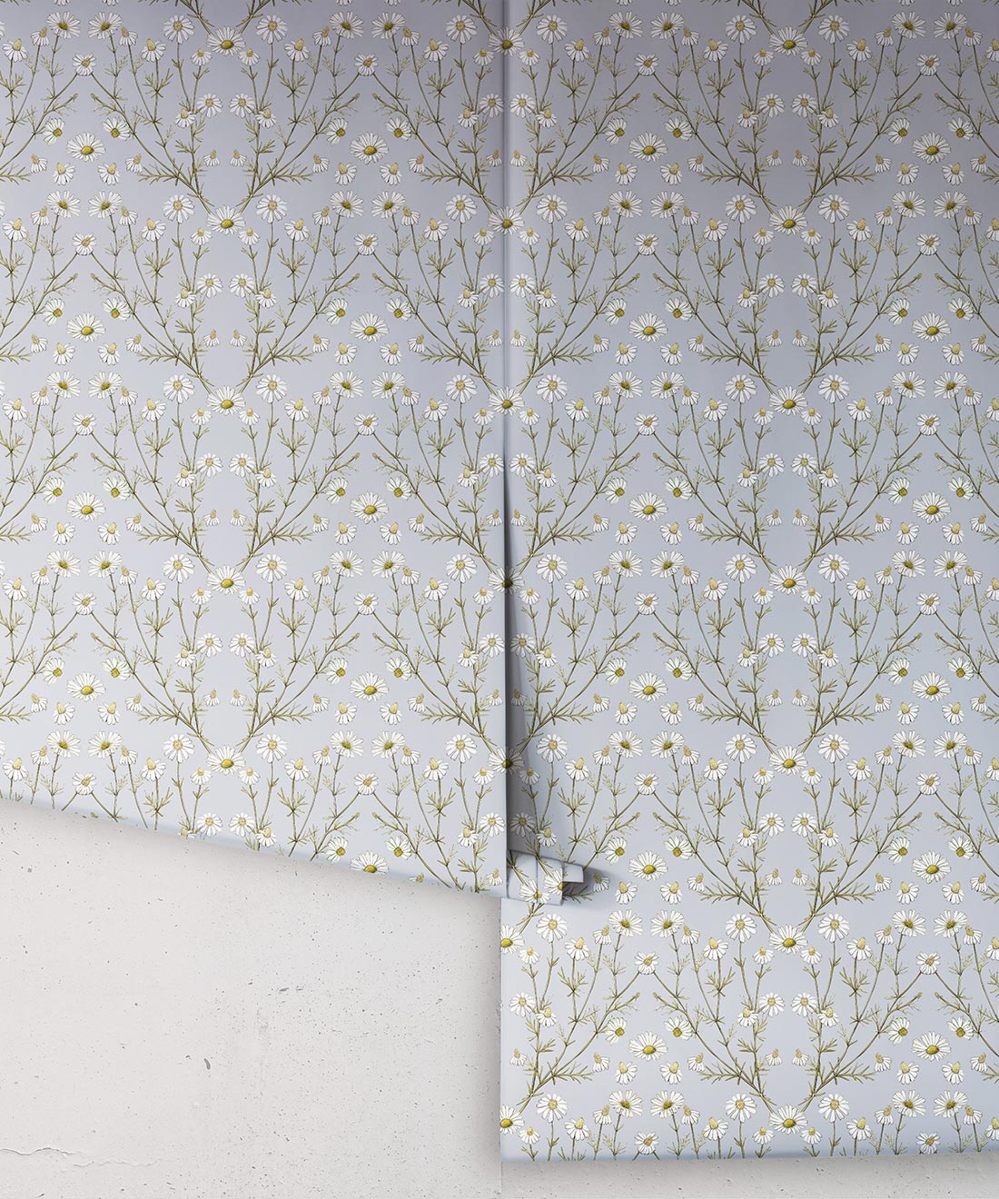 Daisy Damask Wallpaper, Dusty Blue