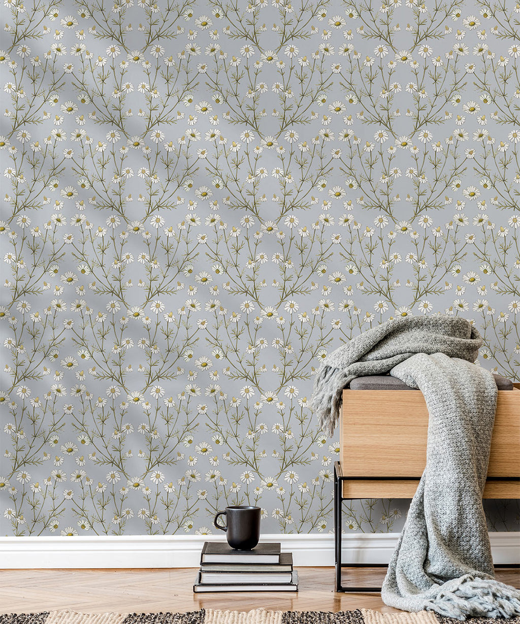 Daisy Damask Wallpaper, Dusty Blue