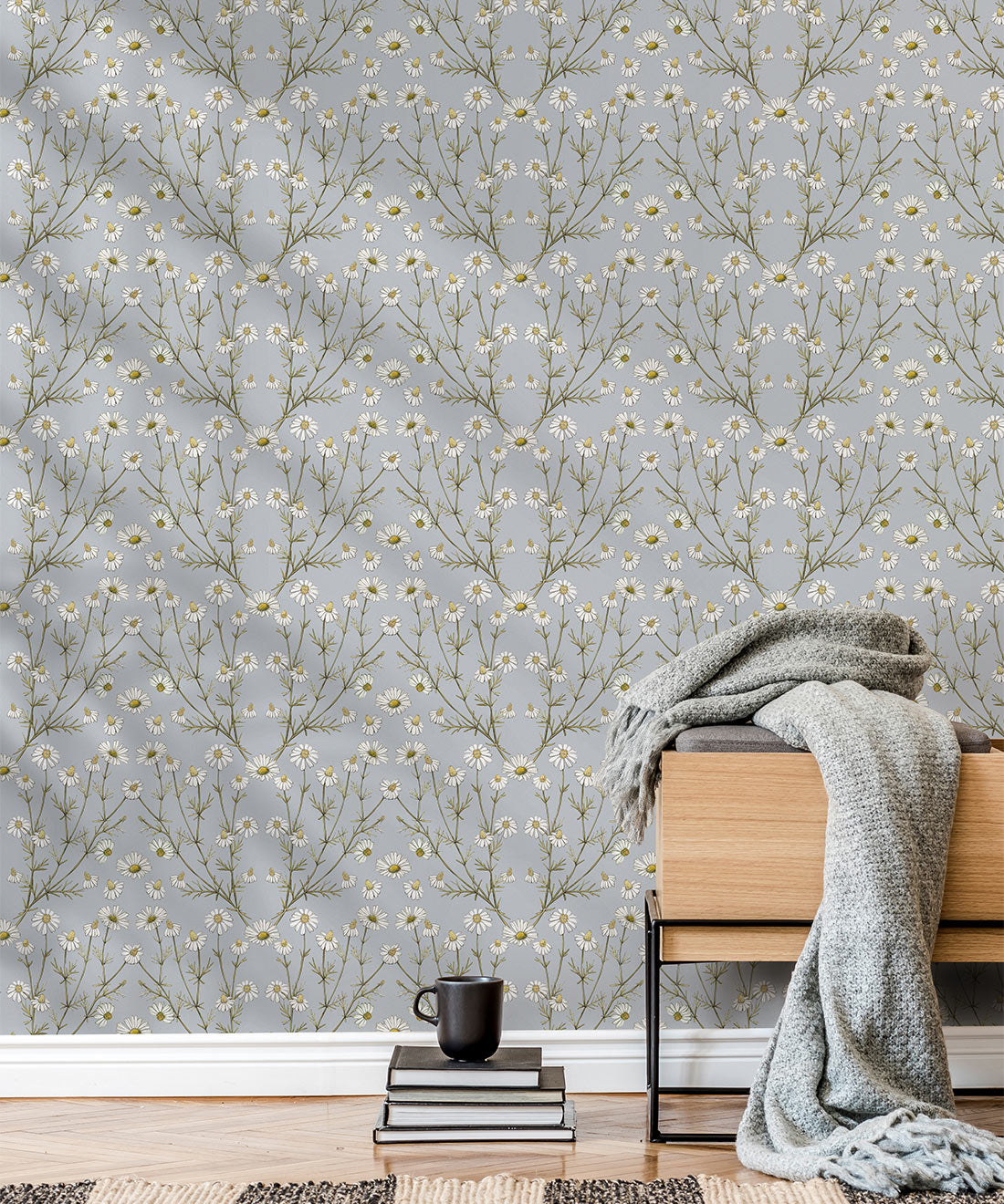Daisy Damask Wallpaper, Dusty Blue