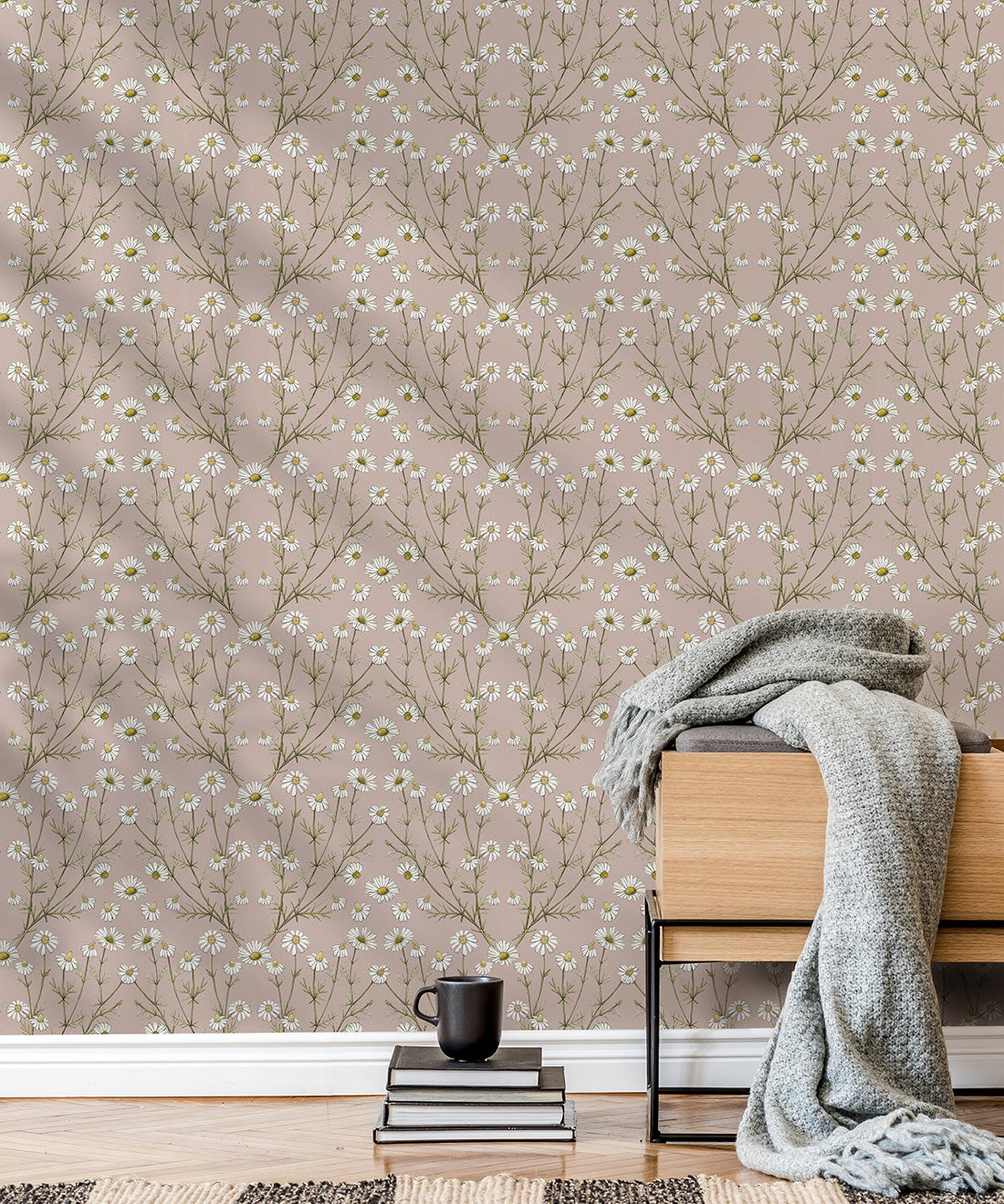 Daisy Damask Wallpaper, Dusty Pink