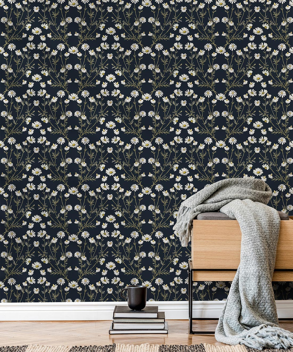 Daisy Damask Wallpaper, Navy