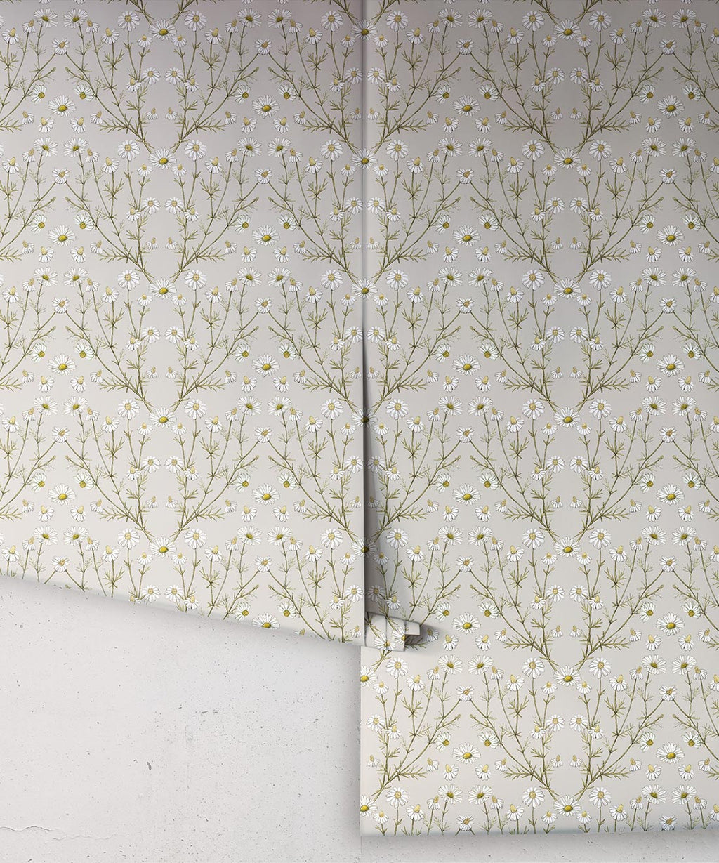 Daisy Damask Wallpaper, Stone