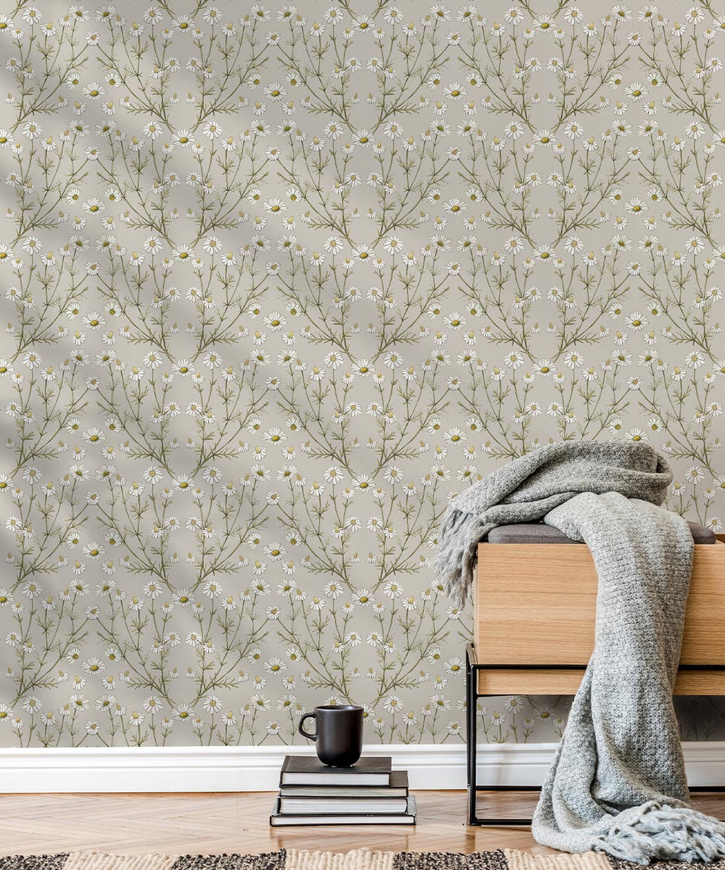 Daisy Damask Wallpaper, Stone