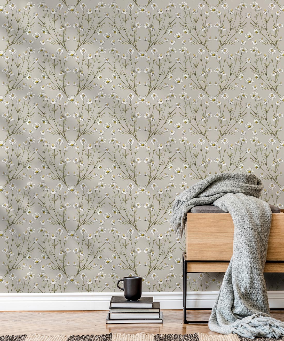 Daisy Damask Wallpaper, Stone