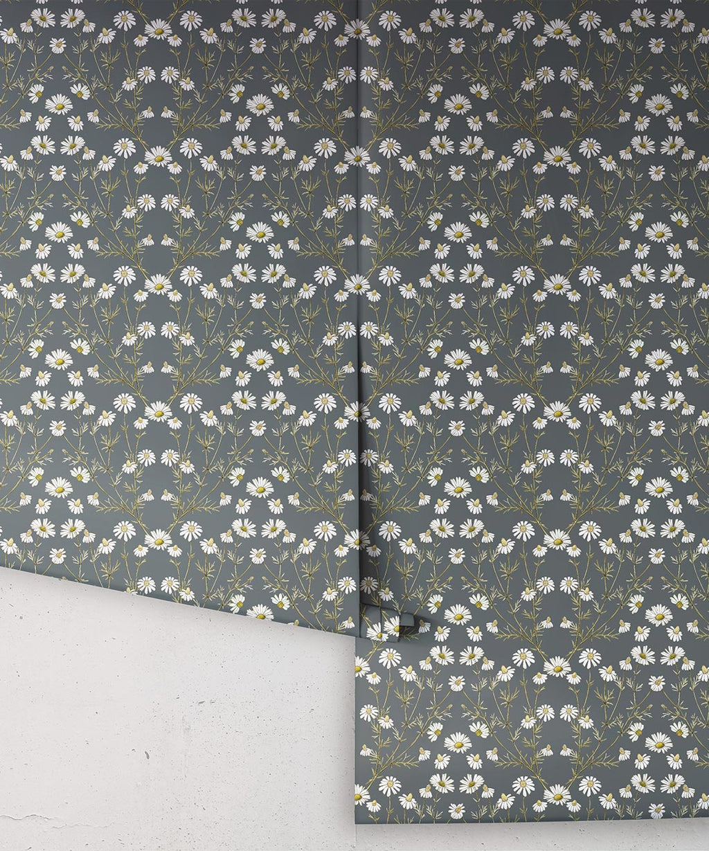 Daisy Damask Wallpaper, Slate grey