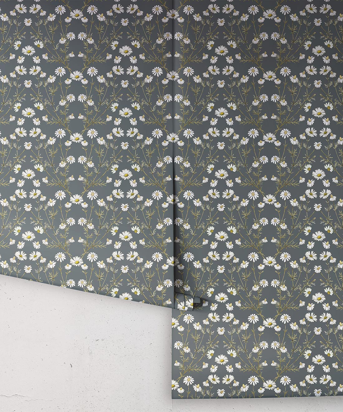 Daisy Damask Wallpaper, Slate grey