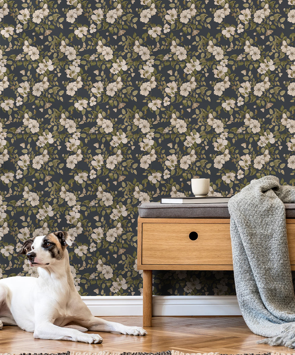 Sweet Briar Wallpaper, Charcoal