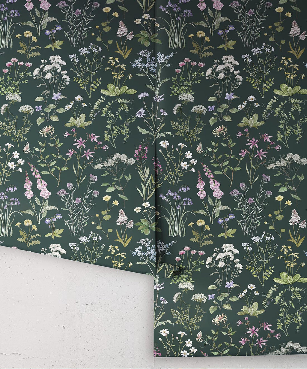 Wild Meadow Wallpaper, Dark Green