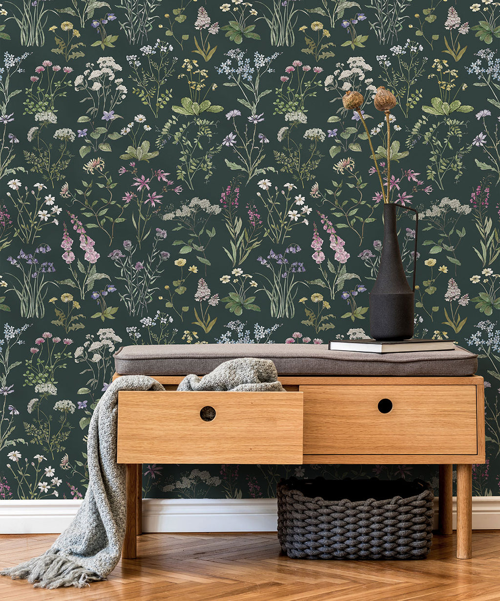 Wild Meadow Wallpaper, Dark Green