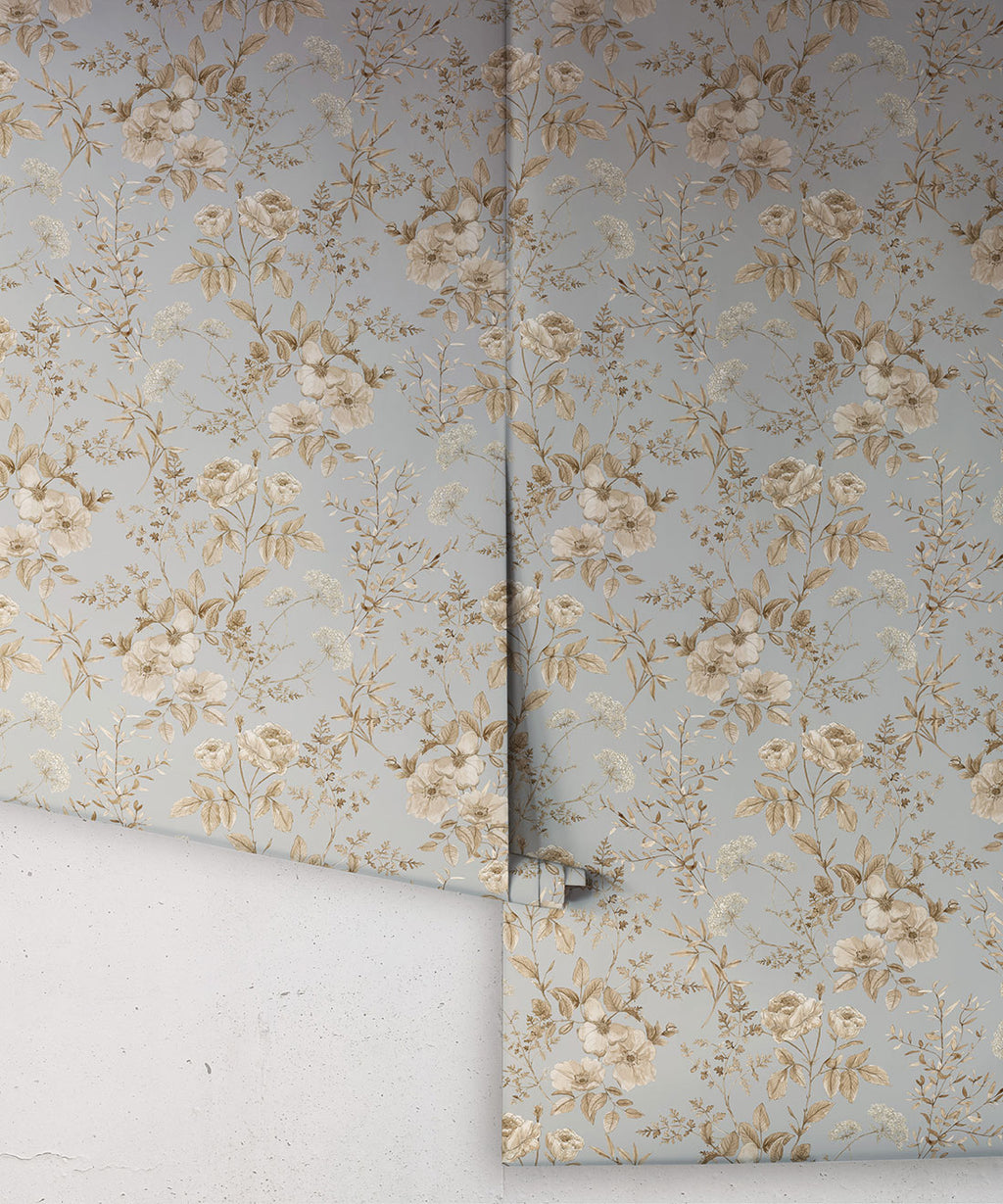 Belle Fleur Wallpaper, Dusty Blue