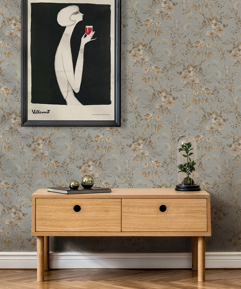 Belle Fleur Wallpaper, Dusty Blue