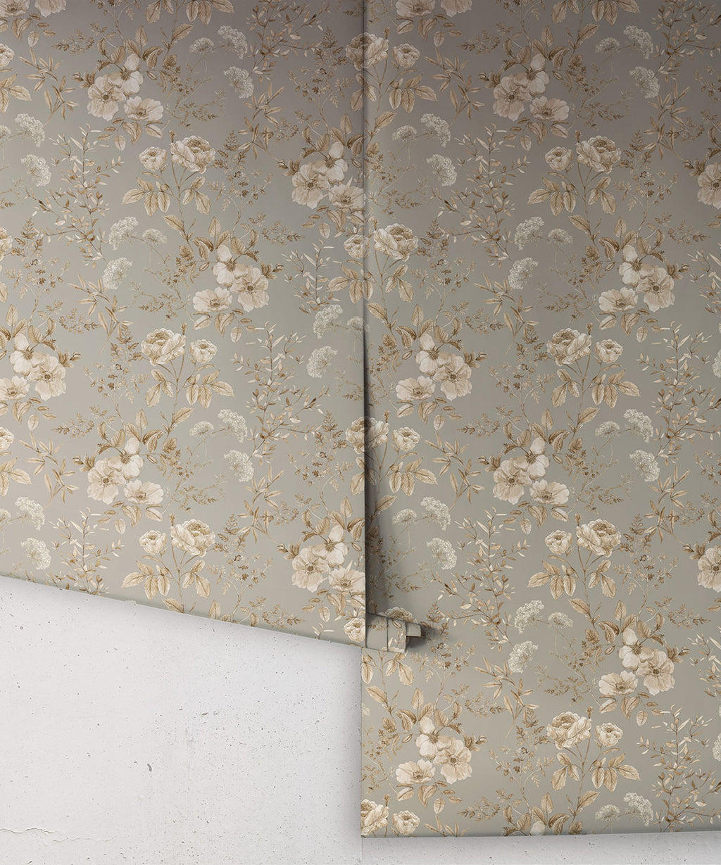 Belle Fleur Wallpaper, Grey Sage