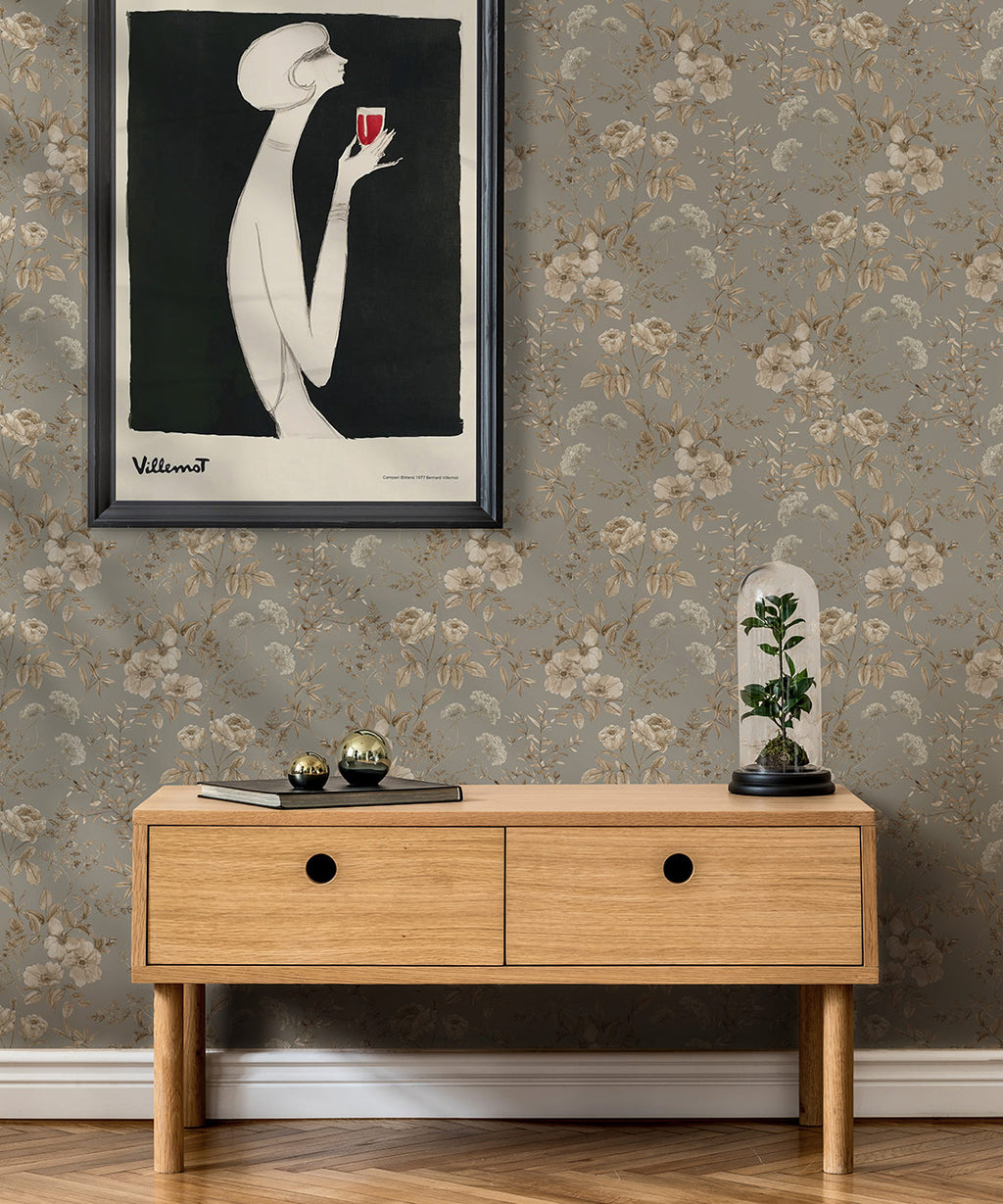 Belle Fleur Wallpaper, Grey Sage
