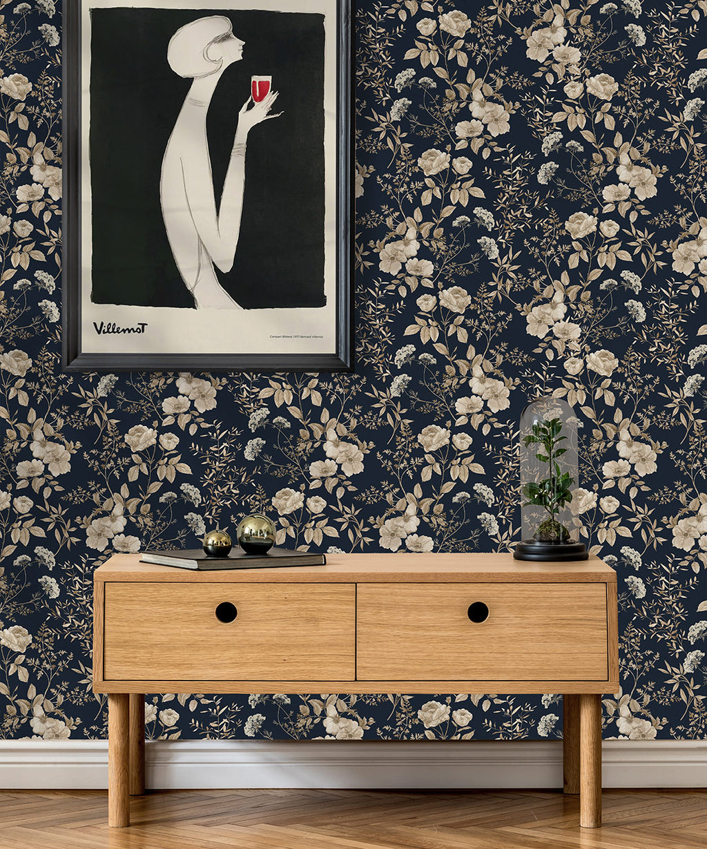 Belle Fleur Wallpaper, Navy