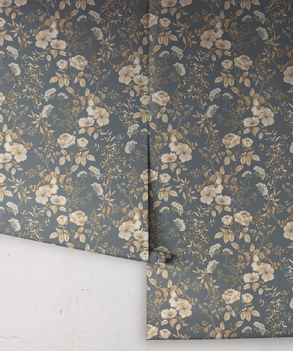 Belle Fleur Wallpaper, Slate grey
