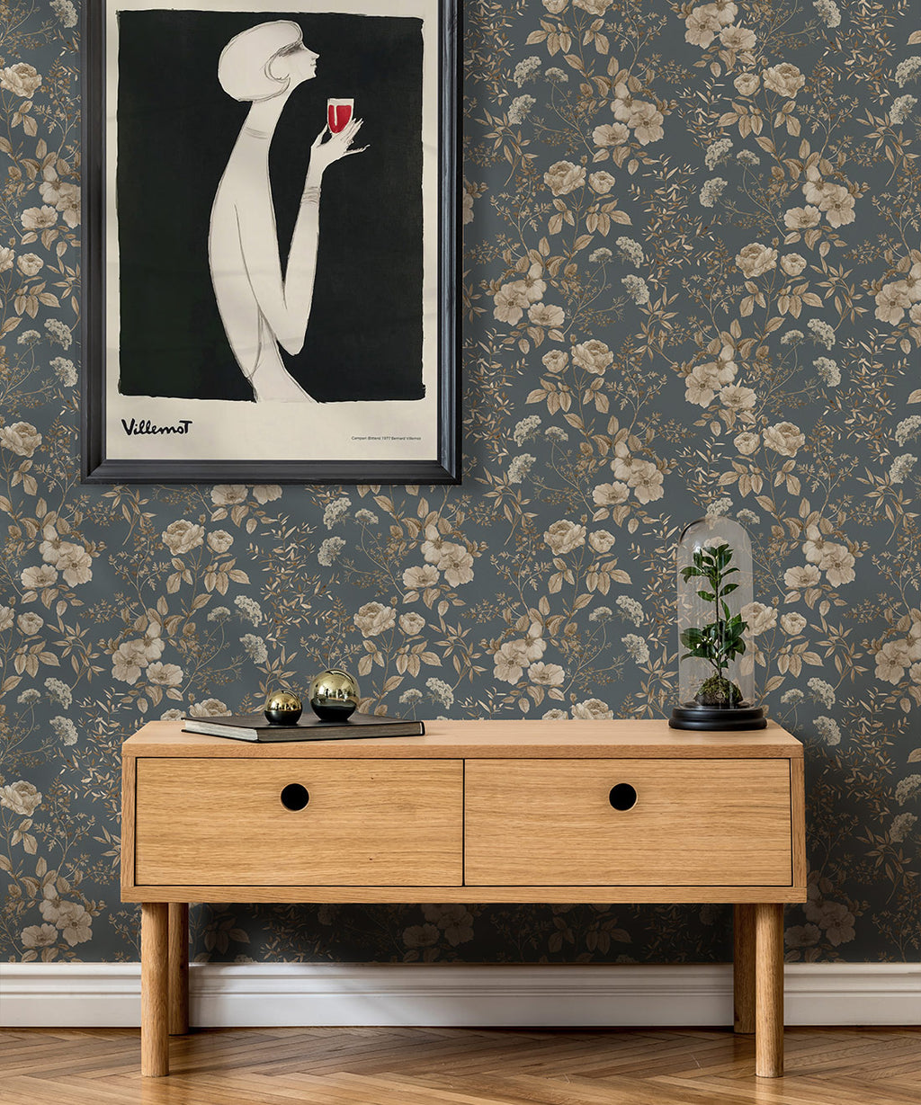 Belle Fleur Wallpaper, Slate grey