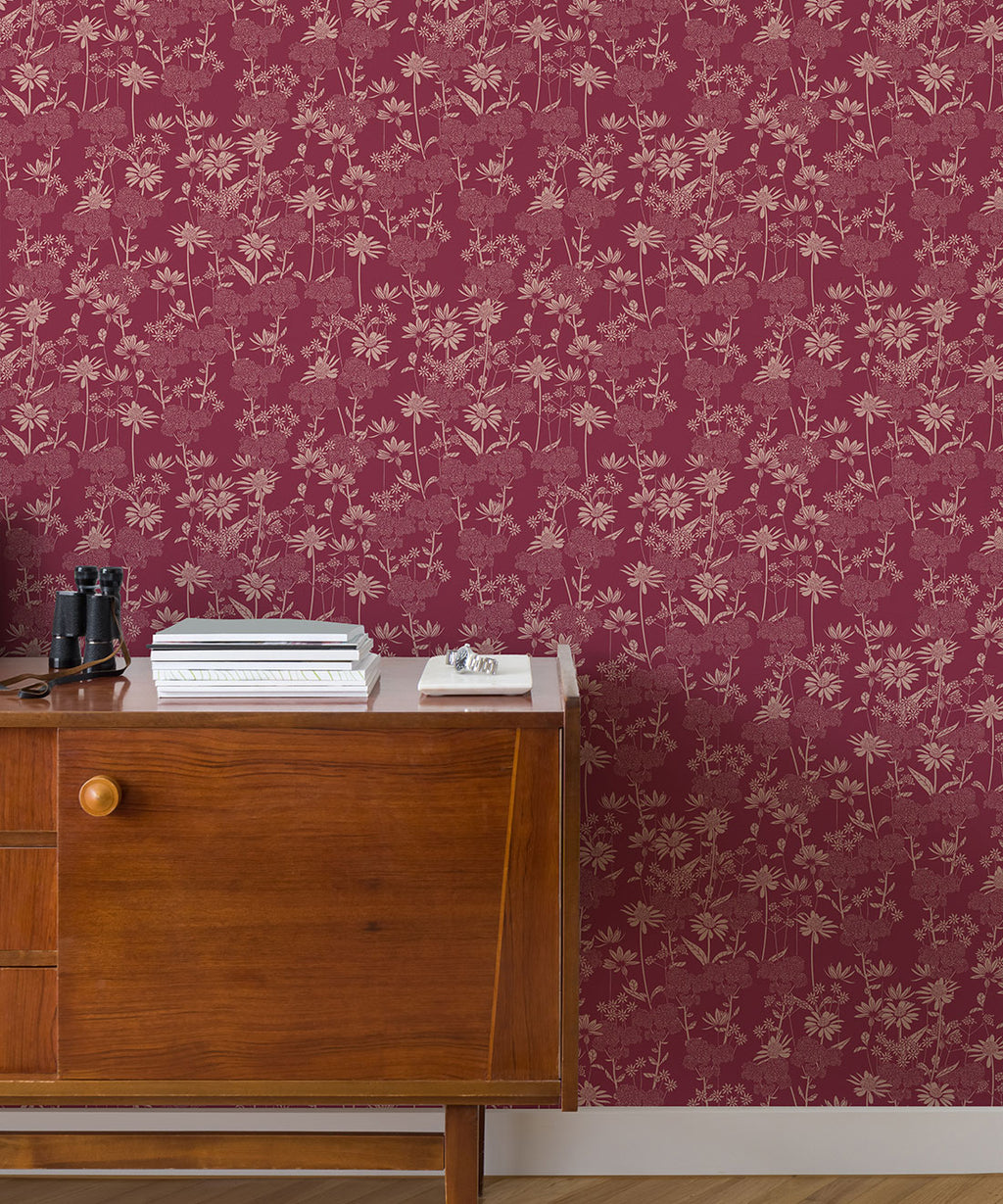 London Street Flowers Wallpaper, Burgundy