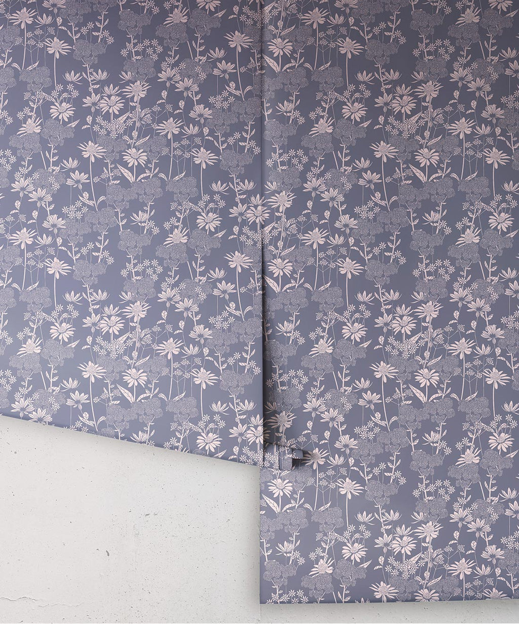 London Street Flowers Wallpaper, Steel Blue