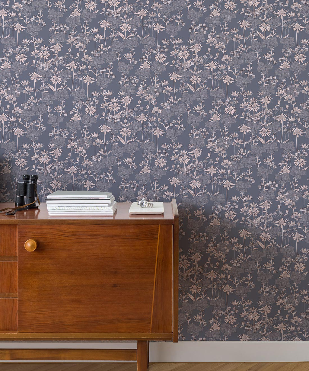 London Street Flowers Wallpaper, Steel Blue