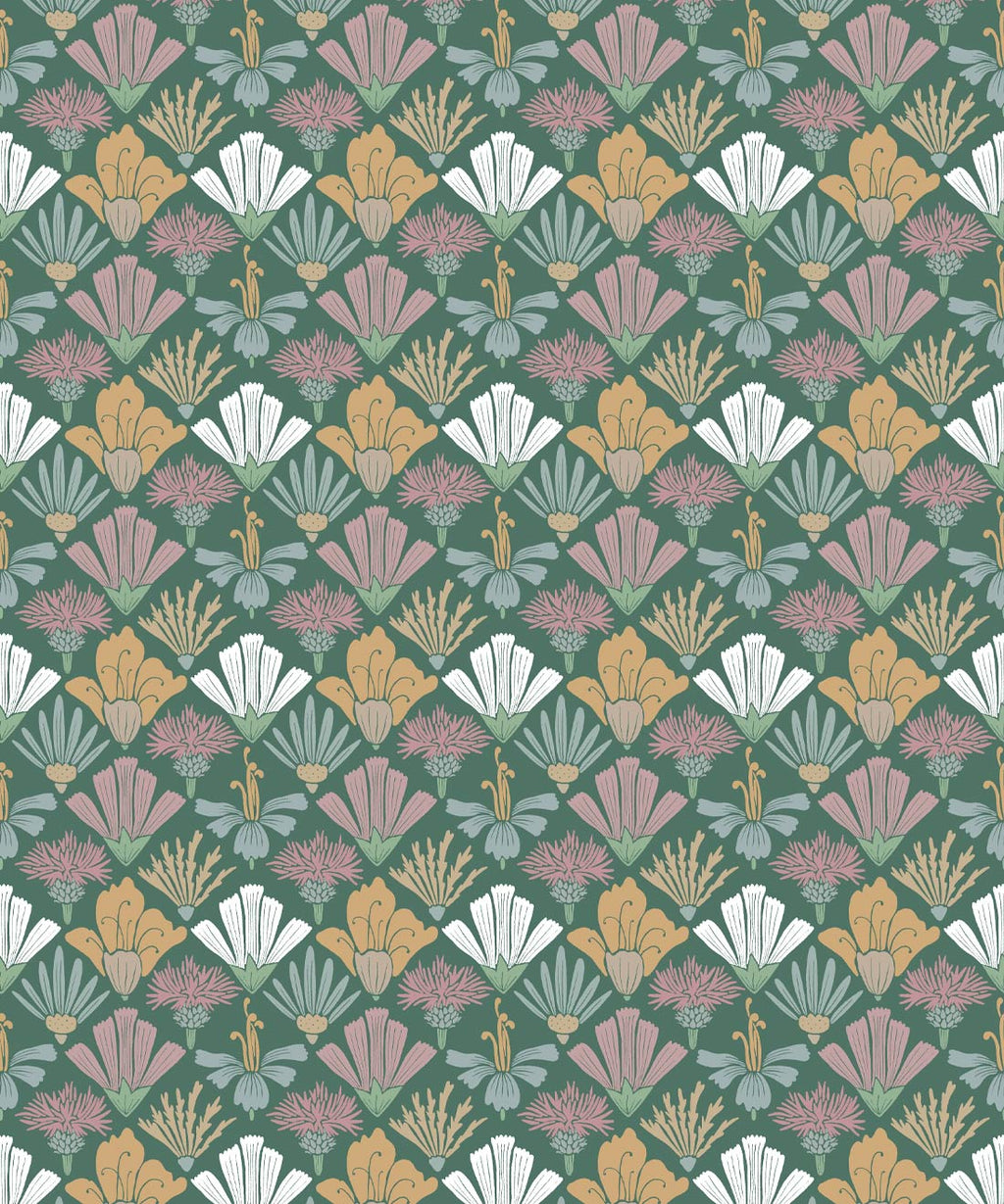 Fanned Flowers Wallpaper, Forest Green