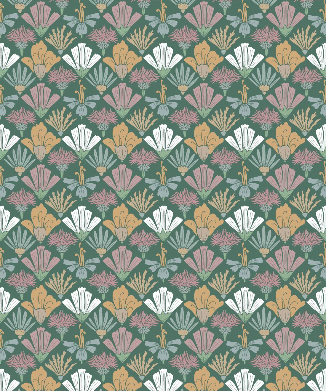 Fanned Flowers Wallpaper, Forest Green