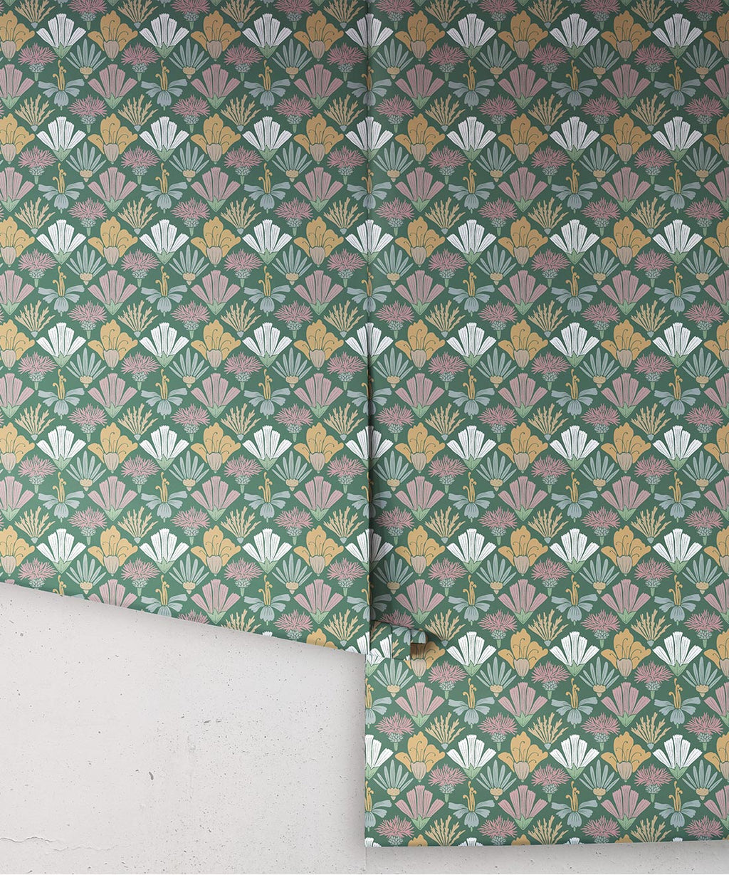 Fanned Flowers Wallpaper, Forest Green