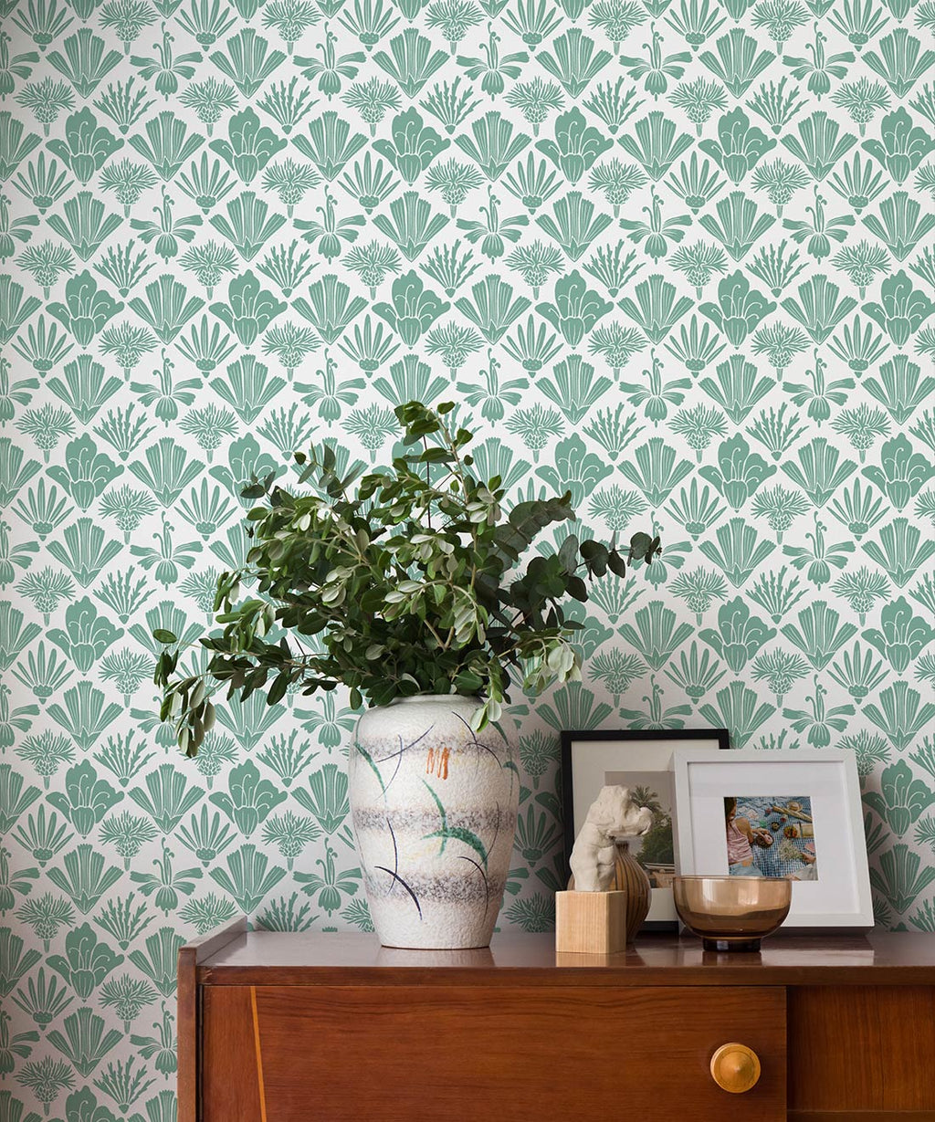Fanned Flowers Wallpaper, Forest Green