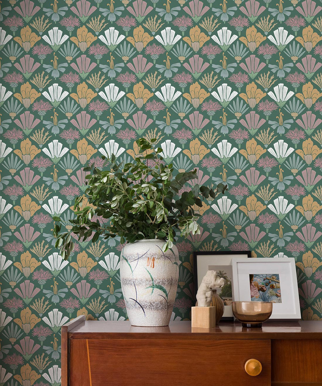 Fanned Flowers Wallpaper, Green