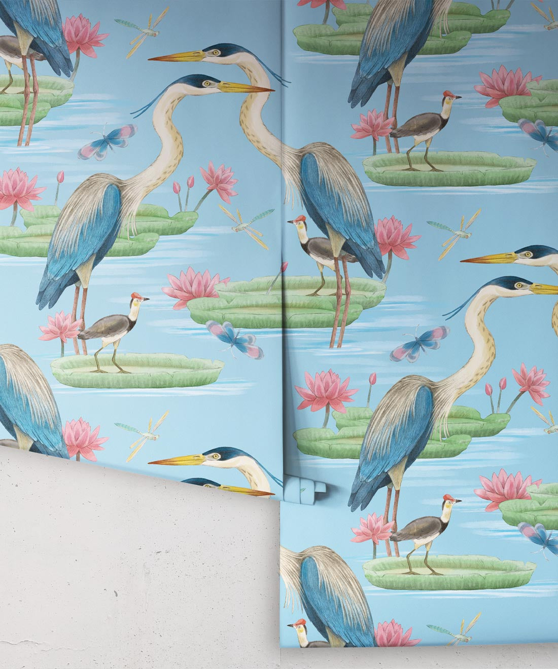 Heron, Jacana & Giant Lilypad Wallpaper, Blue Sky