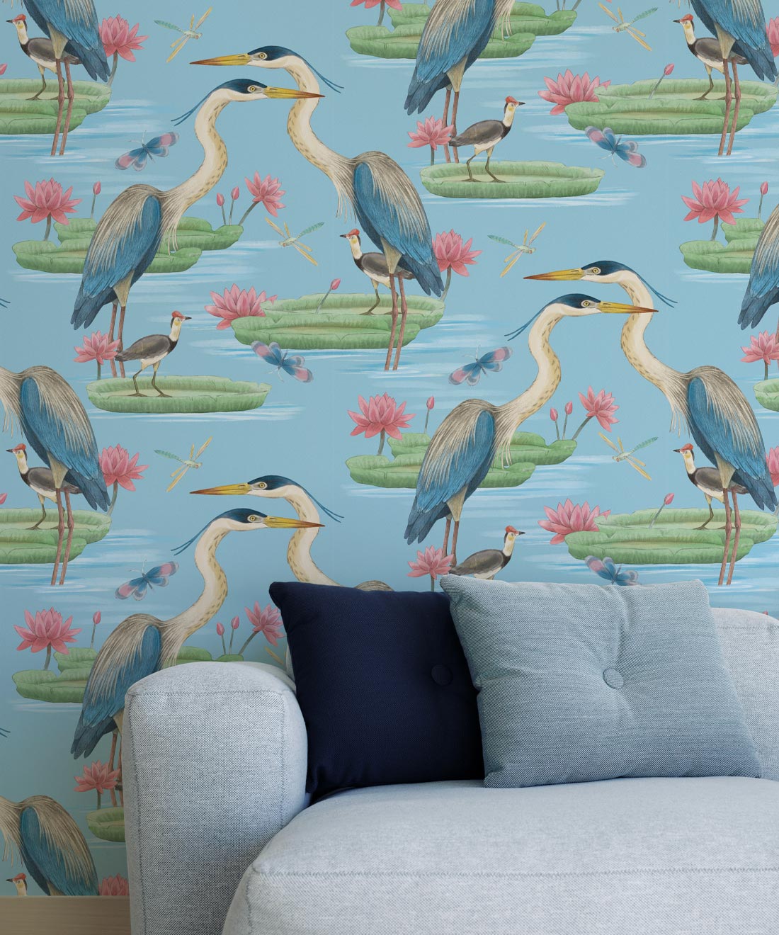 Heron, Jacana & Giant Lilypad Wallpaper, Blue Sky