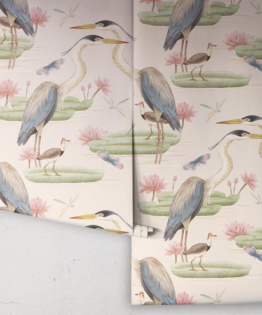 Heron, Jacana & Giant Lilypad Wallpaper, Cream