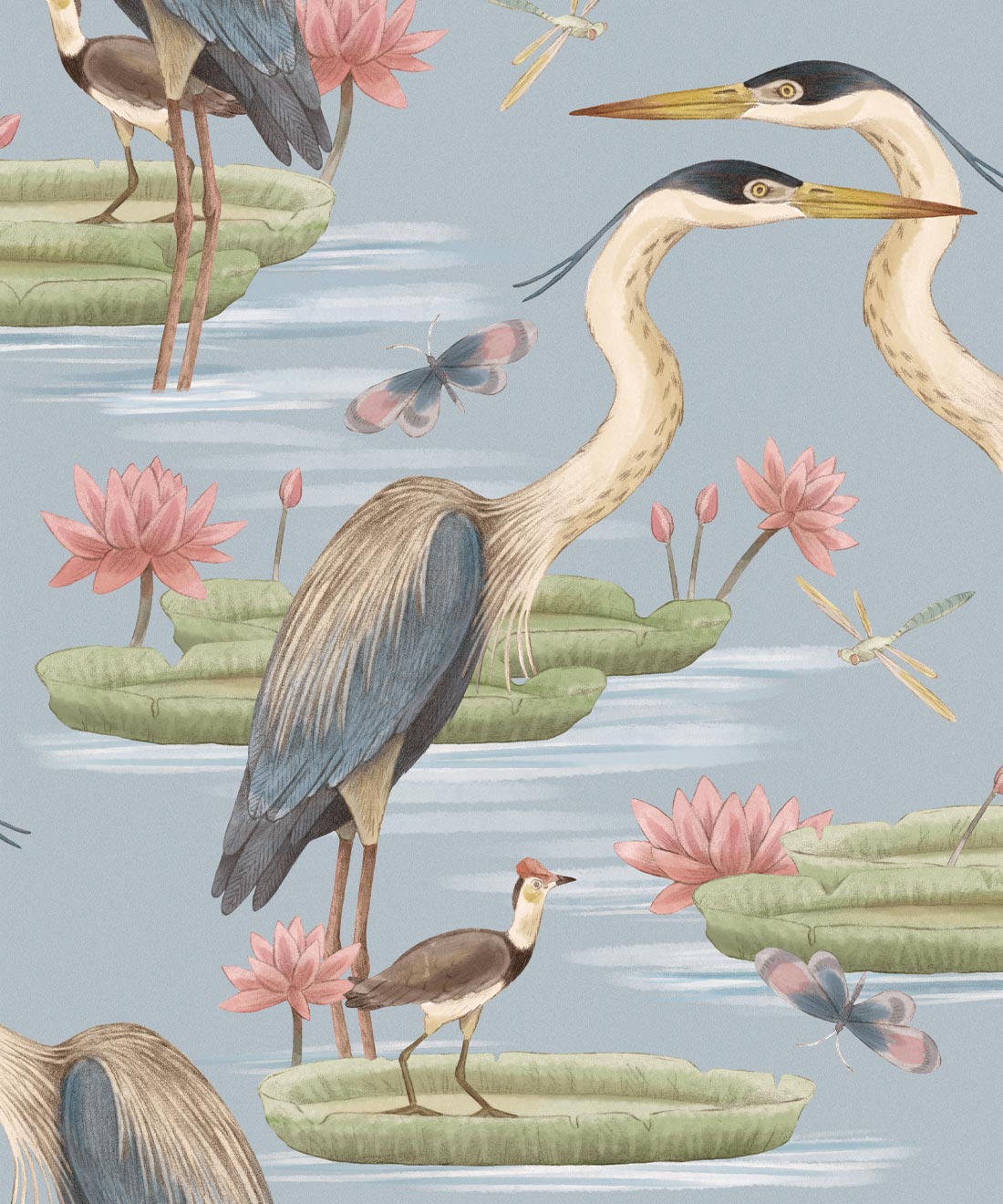 Heron, Jacana & Giant Lilypad Wallpaper, Muted Blue