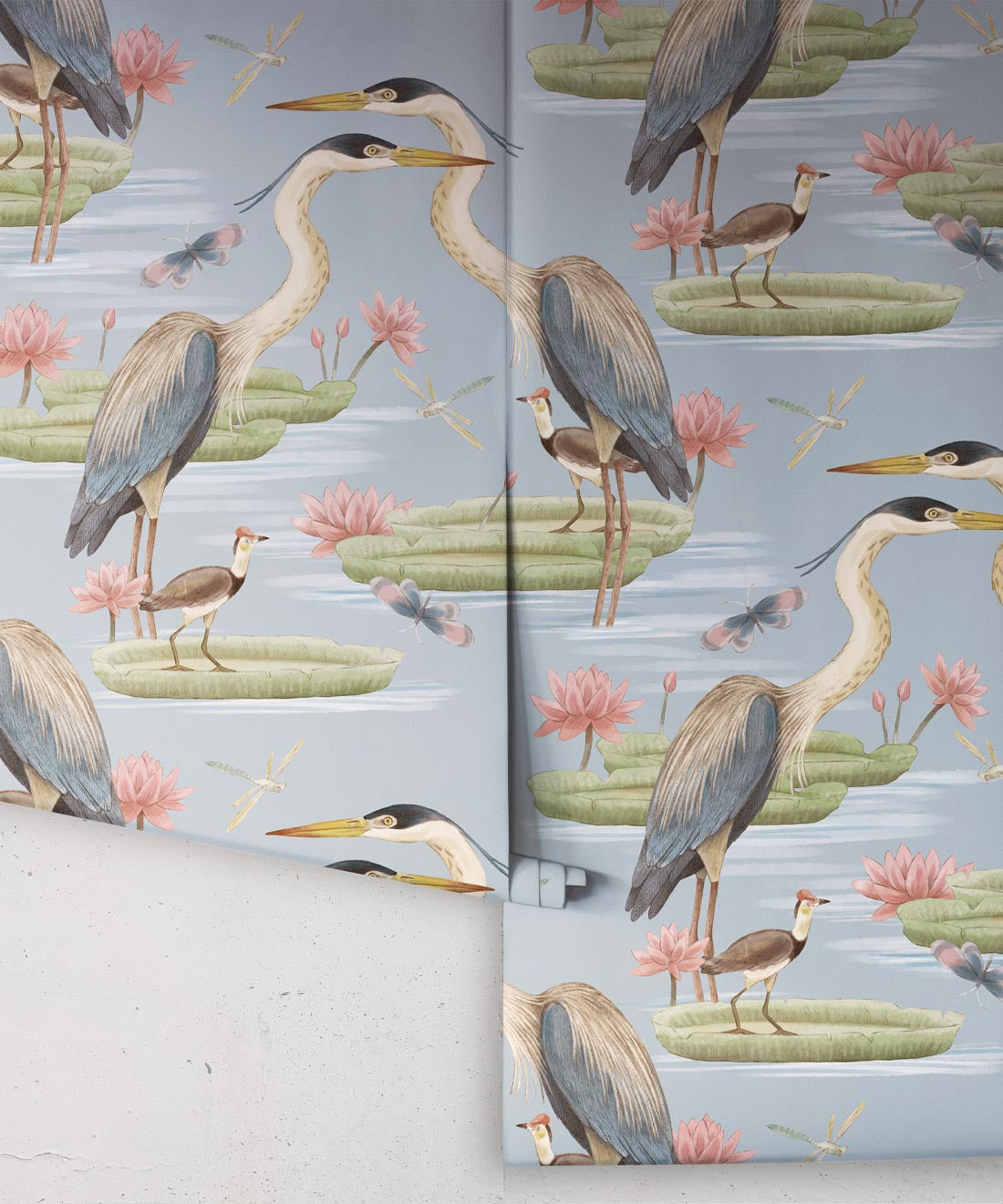 Heron, Jacana & Giant Lilypad Wallpaper, Muted Blue