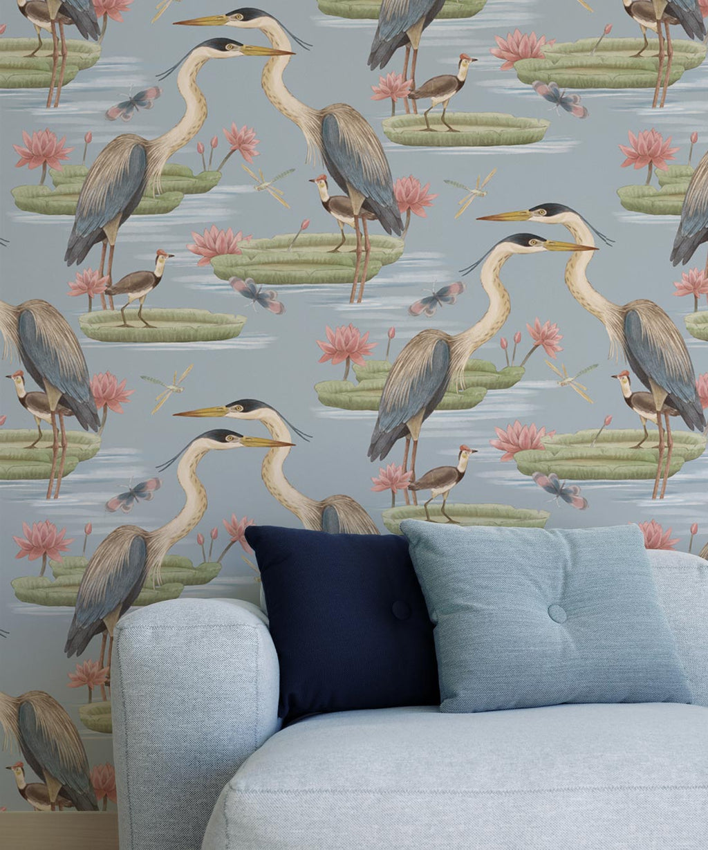 Heron, Jacana & Giant Lilypad Wallpaper, Muted Blue