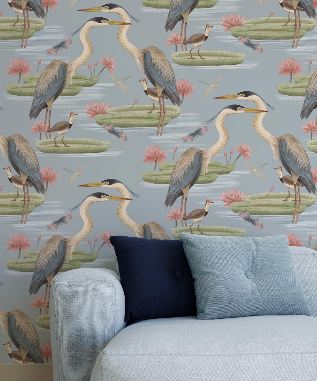 Heron, Jacana & Giant Lilypad Wallpaper, Muted Blue