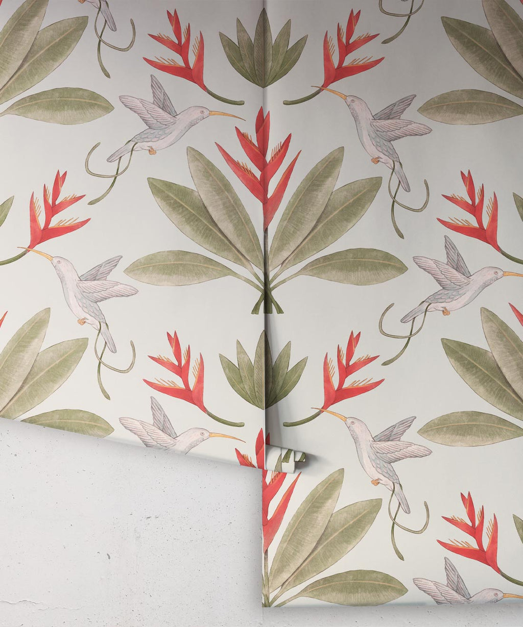 Hummingbirds & Heliconias Wallpaper, Beige