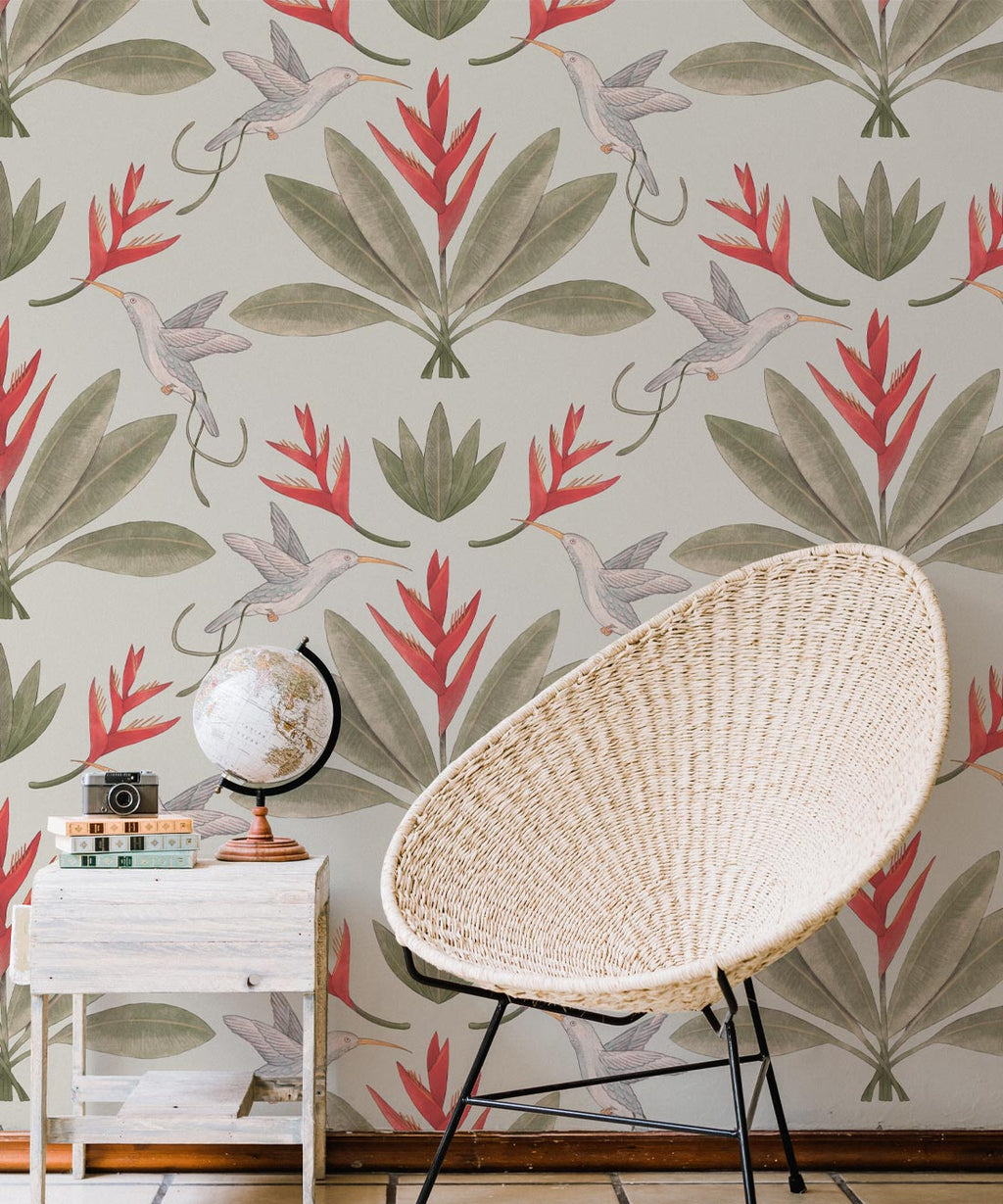 Hummingbirds & Heliconias Wallpaper, Beige