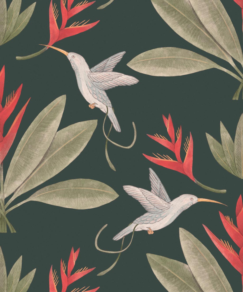 Hummingbirds & Heliconias Wallpaper, Forest Green