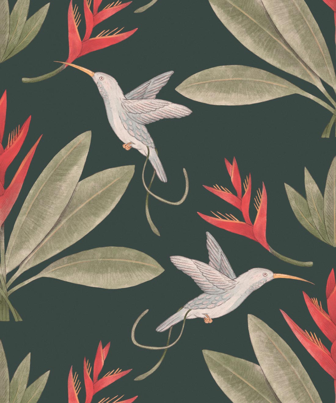 Hummingbirds & Heliconias Wallpaper, Forest Green