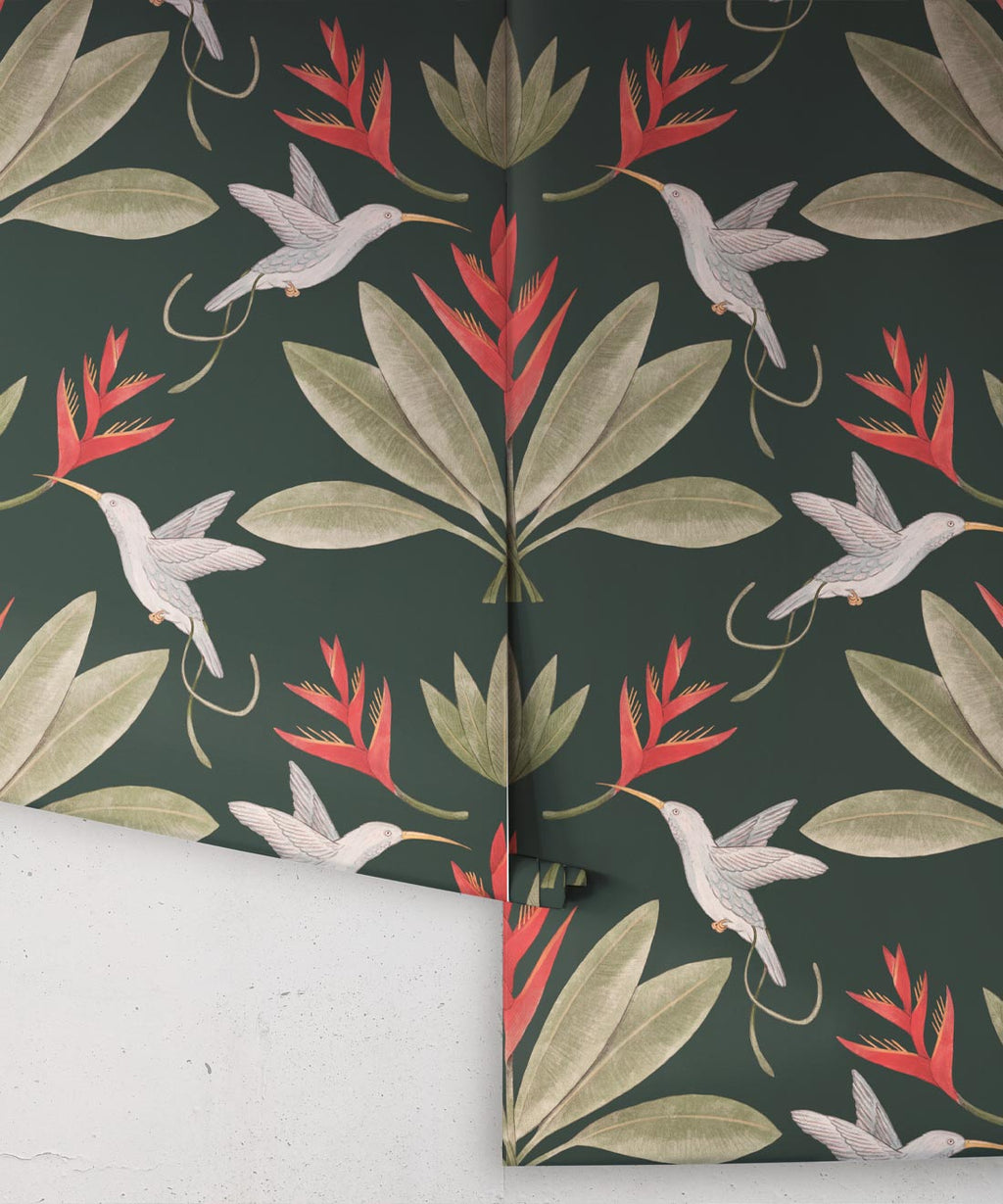 Hummingbirds & Heliconias Wallpaper, Forest Green