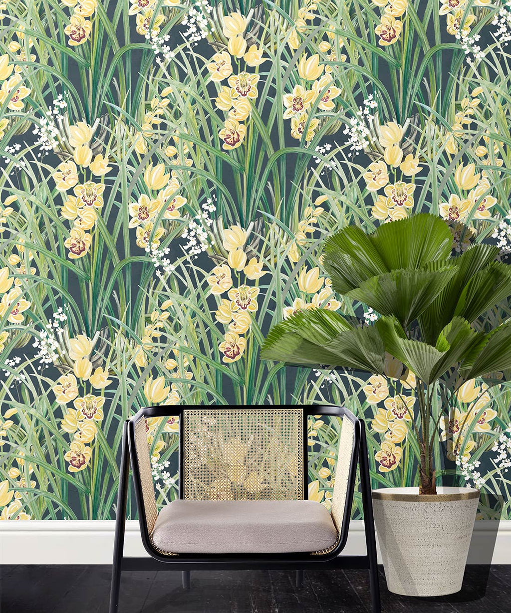 Garden Orchids Wallpaper, Navy