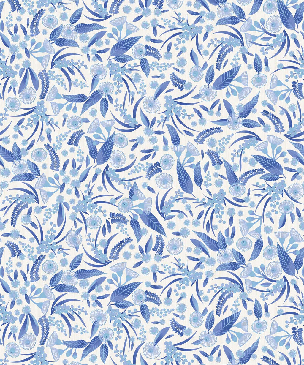 Gum Blossoms Wallpaper, Blue Mono