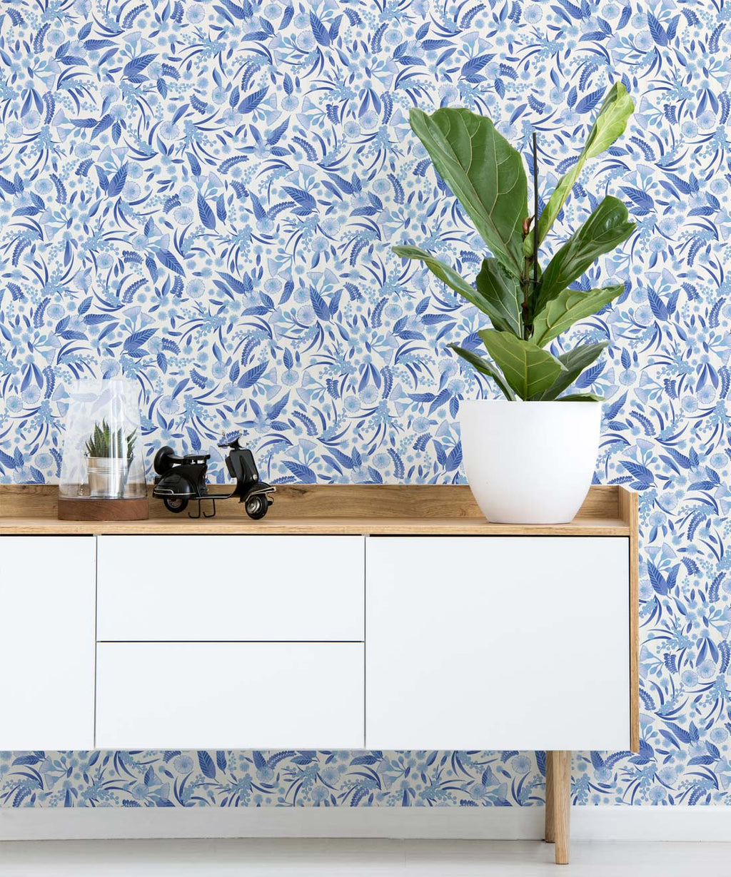 Gum Blossoms Wallpaper, Blue Mono