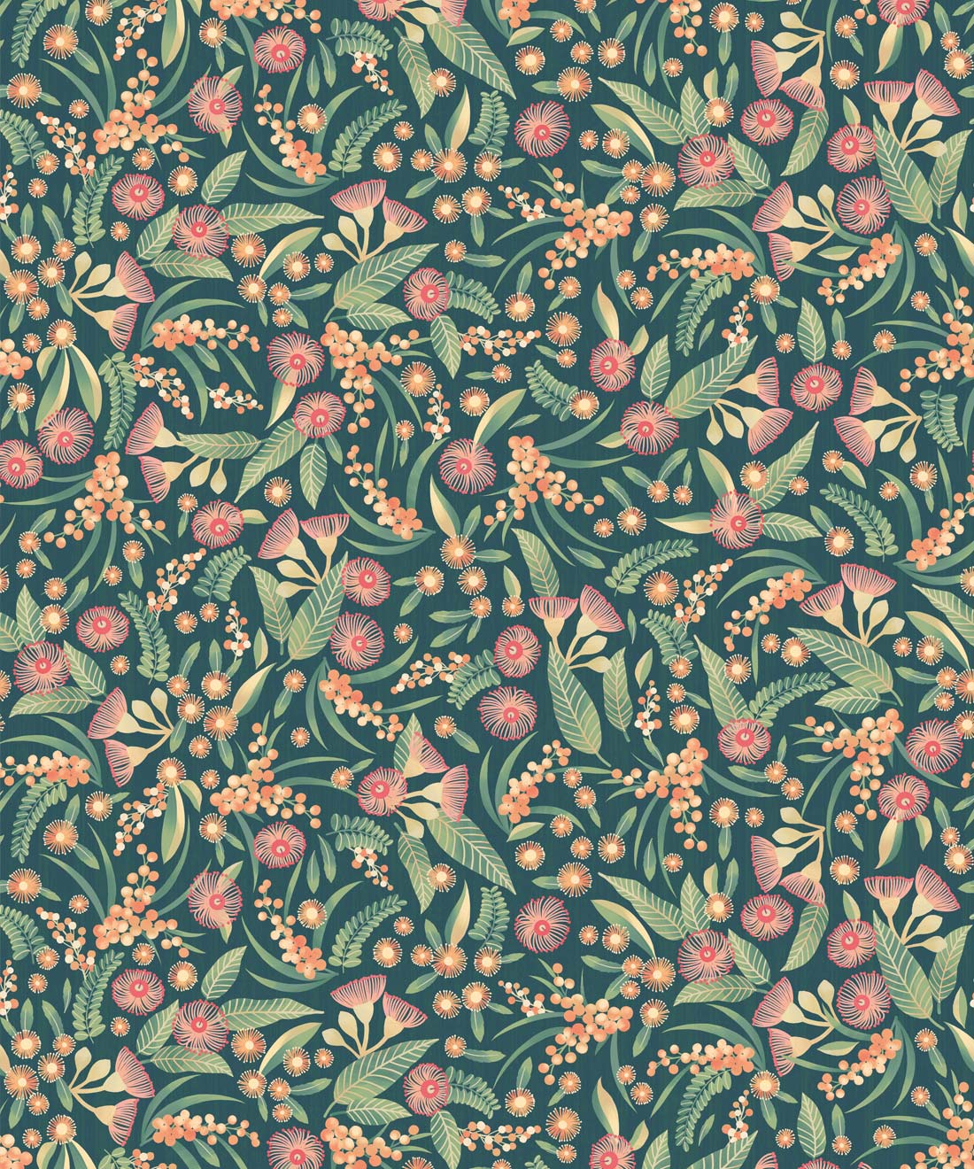 Gum Blossoms Wallpaper, Teal Green