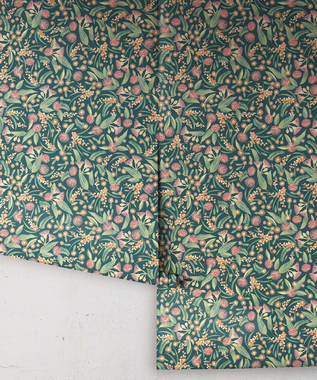 Gum Blossoms Wallpaper, Teal Green