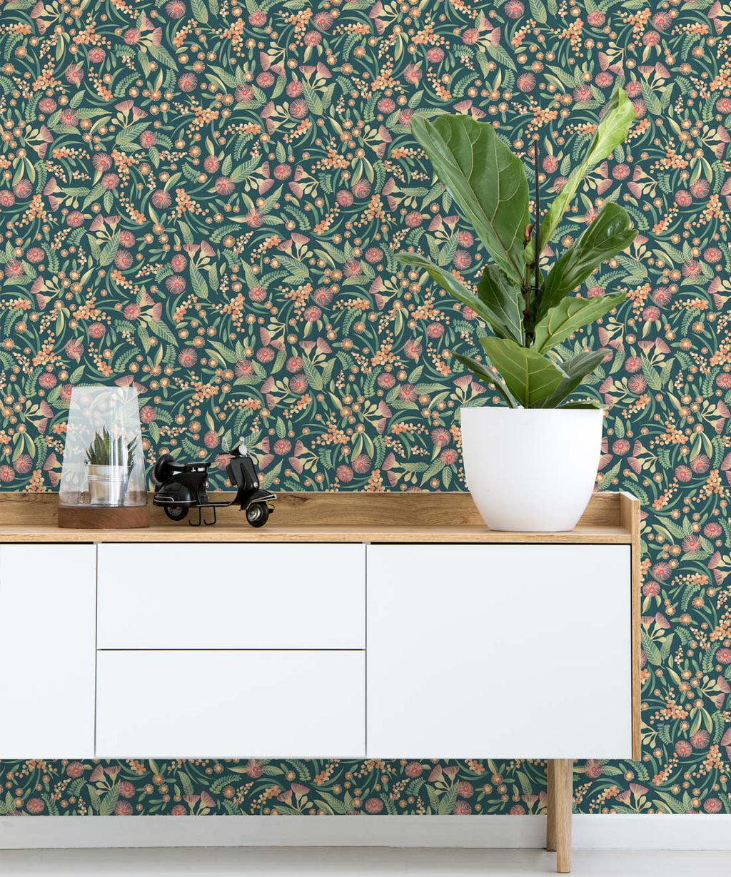 Gum Blossoms Wallpaper, Teal Green