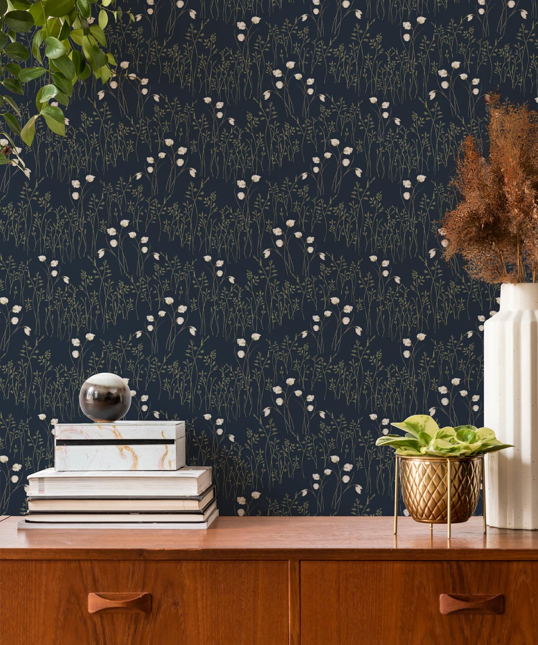 Cotton Grass Wallpaper, Indian Ink Blue