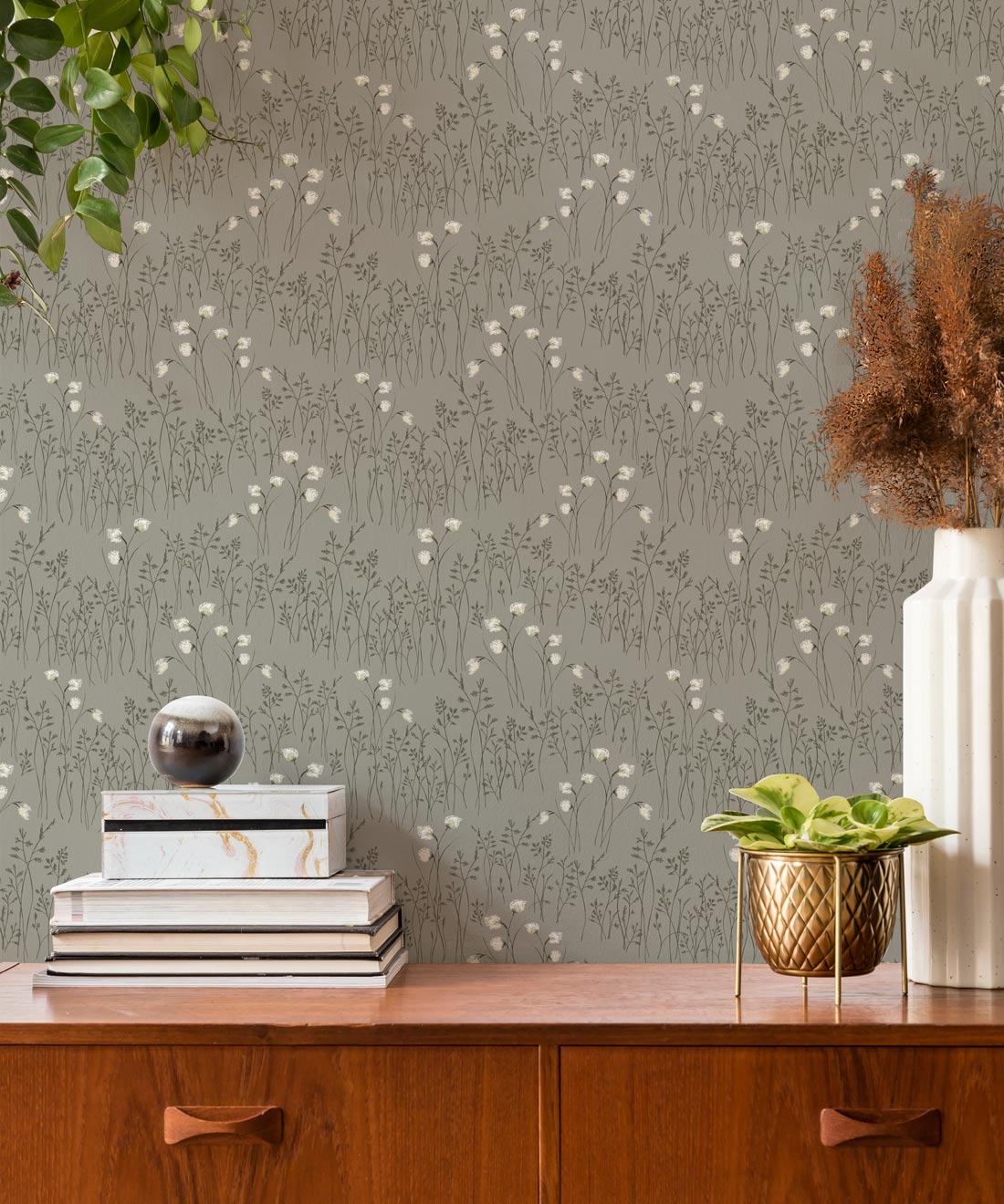 Cotton Grass Wallpaper, Moss Green