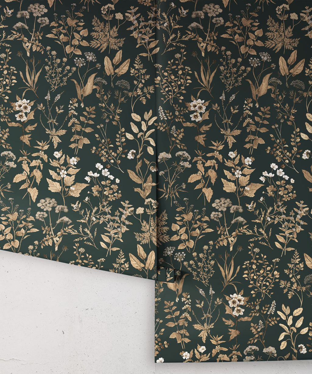 Herbarium Antique Wallpaper, Forest Green